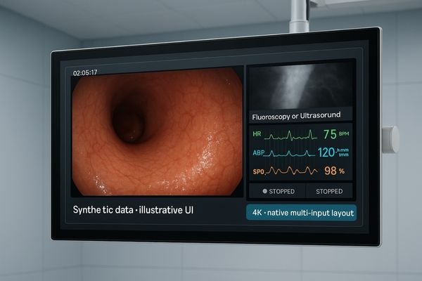 A large 55-inch 4K surgical display showing multiple video feeds simultaneously (e.g., endoscopy, vitals, fluoroscopy).