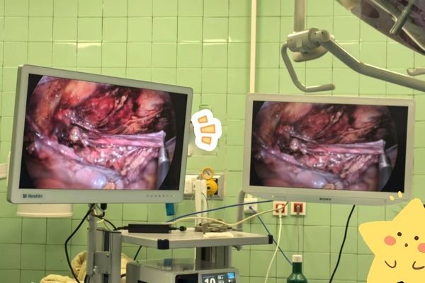 A modern operating room with a large 4K surgical monitor mounted on a tower.