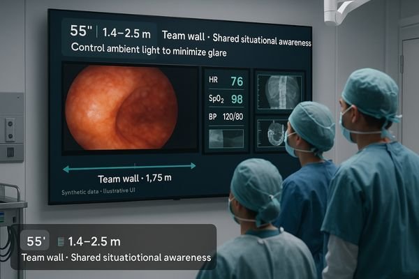 A surgical team looking at a large 55-inch wall-mounted display during a procedure in a hybrid OR.