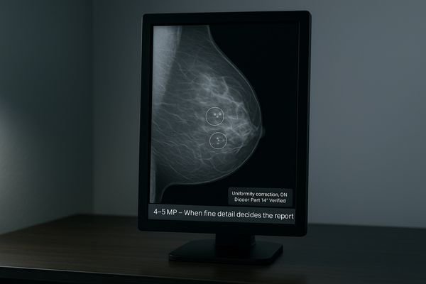 A 5MP mammography monitor displaying digital breast tomosynthesis slices with exceptional detail.