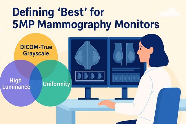 Female radiologist reviewing digital breast tomosynthesis images on dual 5MP mammography monitors, alongside infographic criteria of DICOM grayscale, high luminance, and uniformity.
