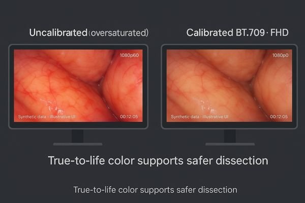 A split-screen view showing an uncalibrated surgical image versus a color-accurate FHD image of the same tissue.