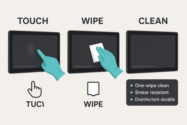 A video or gif showing a gloved hand touching a screen, with the fingerprint easily wiping away with a single cloth swipe.