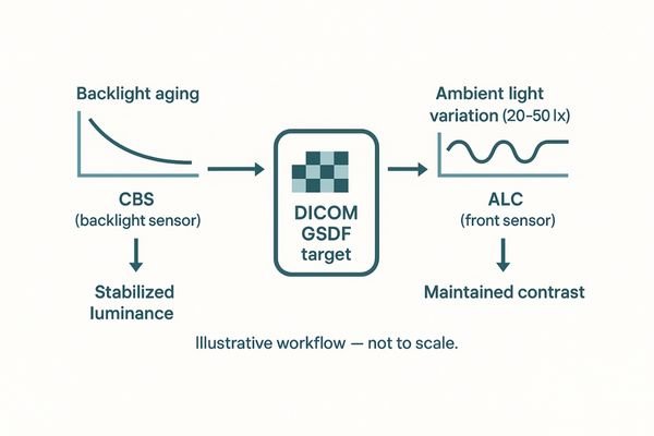 A diagram illustrating how ALC + CBS maintaining calibrated luminance for DICOM compliance, by adjusting for room light and backlight aging.