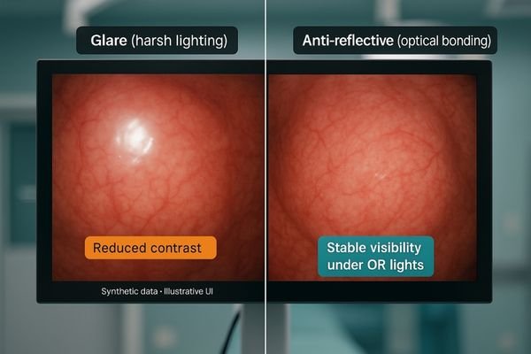 A medical monitor in a brightly lit OR, with one half showing glare and the other half showing a clear, anti-reflective image.