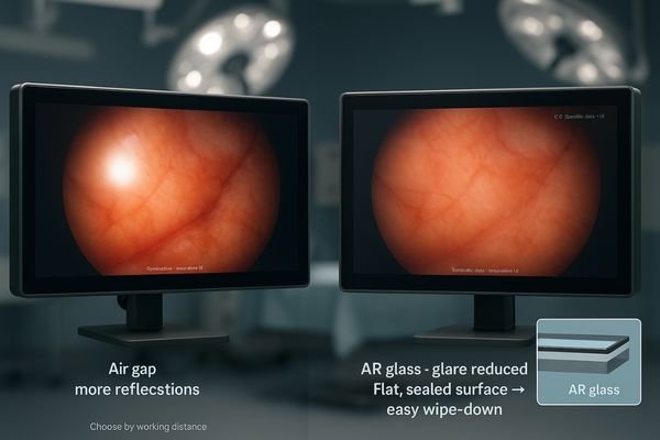 A photo showing the difference between a monitor with AR glass and one without under bright OR lights.