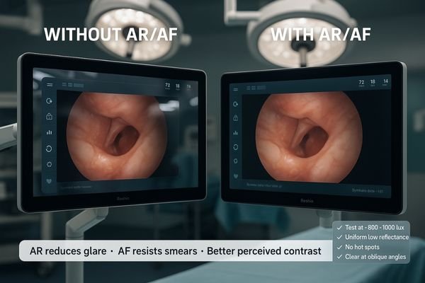 Side-by-side comparison of a monitor with and without AR/AF coatings in a simulated OR environment.