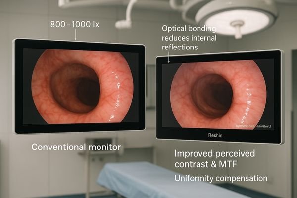 A side-by-side photo showing a monitor with severe glare under an 800-1000 lx surgical light, versus a Reshin monitor with AR glass and optical bonding displaying a crisp, clear image.