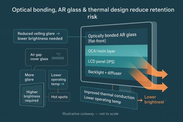 A cross-section of a monitor, illustrating how optical bonding improves the thermal path away from the panel.