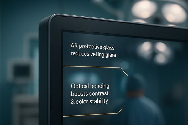 A close-up of an AR-bonded surgical monitor, showing no reflection from overhead lights.