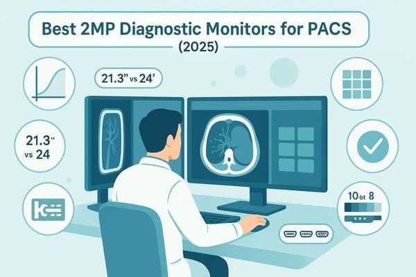 Radiologist reviewing images on dual 2MP diagnostic monitors with PACS interface, featuring DICOM compliance, grayscale accuracy, and connectivity icons.