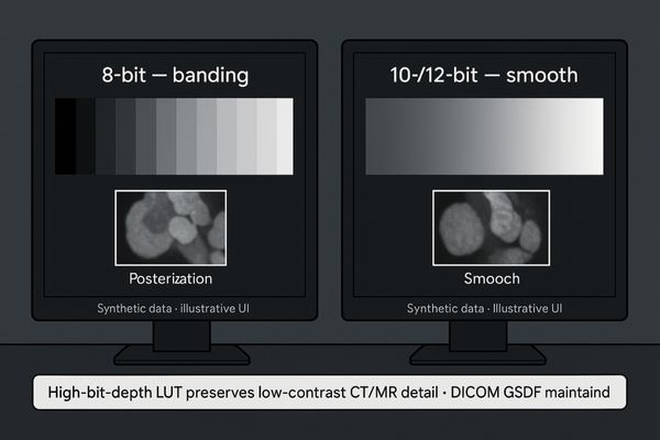 A side-by-side comparison showing a smooth gradient on a 12-bit display next to a 
