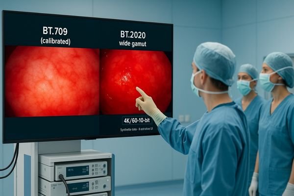 Surgeon viewing BT.709 vs BT.2020 endoscopy images on a 4K surgical monitor in a bright operating room