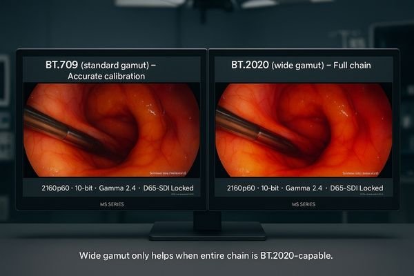 A side-by-side comparison of endoscopic imagery in BT.709 and BT.2020 color gamuts.