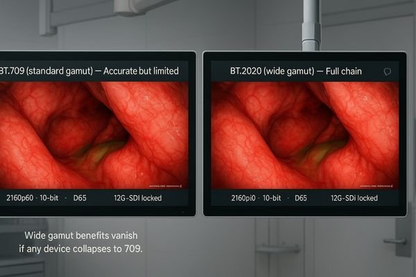 A comparison image showing the difference in color vibrancy between BT.709 and BT.2020 endoscopy video.