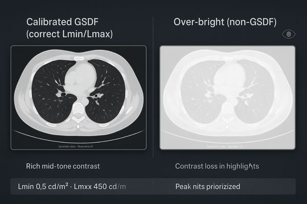 A side-by-side comparison of a properly calibrated screen and one that is too bright, washing out detail.