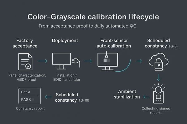 A diagram showing the calibration lifecycle from factory to daily automated QC with a front sensor.