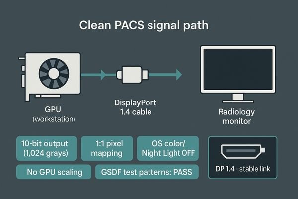 An image illustrating a clean signal path from a GPU to a radiology monitor using a DisplayPort cable.