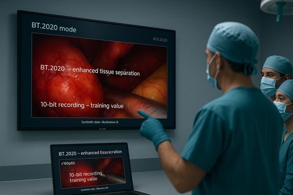 A surgeon in a hybrid OR pointing out a detail on a large, color-accurate BT.2020 monitor to a team of students.