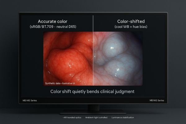 An image comparing a color-accurate surgical view with a view distorted by color shift.