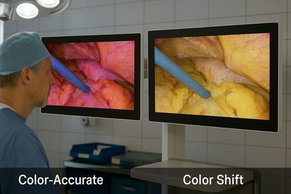 Side-by-side comparison of surgical monitors showing accurate color vs color shift during an endoscopic procedure, observed by a surgeon in a well-lit operating room