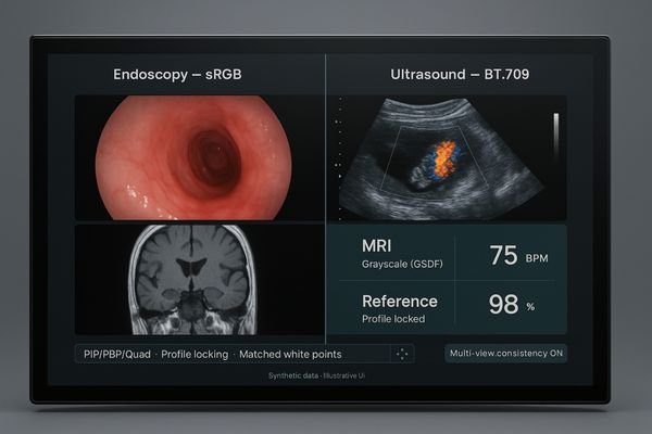 A large surgical monitor displaying a quad-view layout with four different video sources.