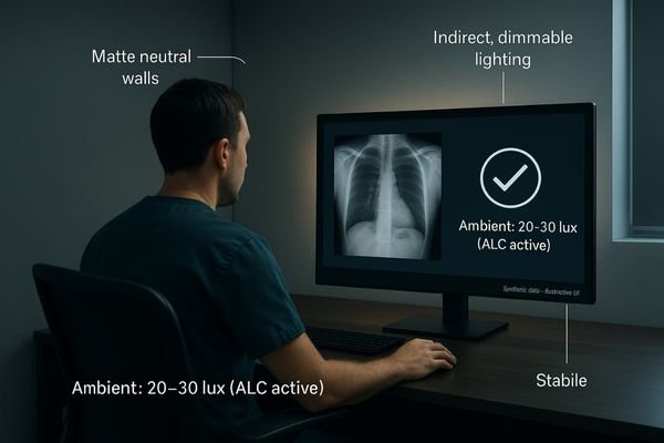 A radiologist working in a properly designed reading room with controlled lighting and a non-reflective monitor.