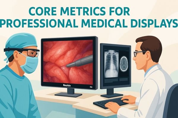 Surgeon using a 4K surgical monitor and radiologist reviewing DICOM images on a PACS workstation – professional medical display core metrics
