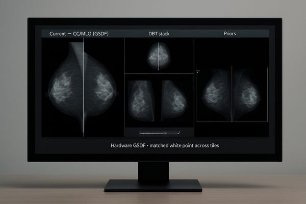 A 12MP monitor displaying a complex hanging protocol with DBT slices and prior mammograms simultaneously.