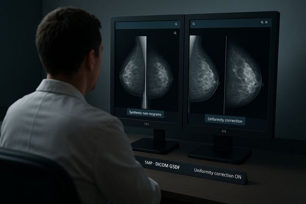 A radiologist comparing left and right mammograms on a dual 5MP setup.