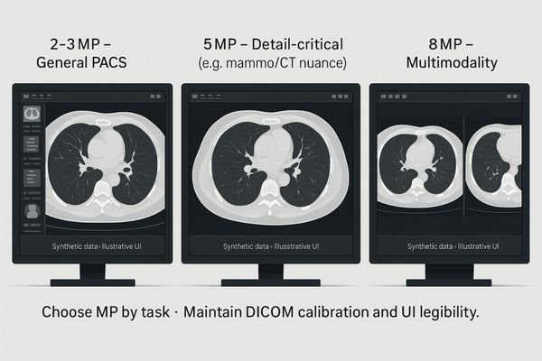 A side-by-side comparison of the same medical image on a 2MP, 5MP, and 8MP display, highlighting the difference in detail.