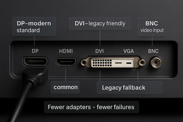 The back panel of a diagnostic monitor showing a wide array of inputs: DisplayPort, HDMI, DVI, VGA, and BNC connectors.