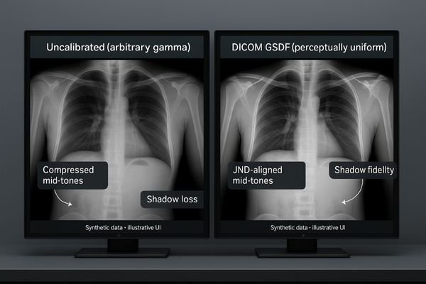 An illustration comparing an uncalibrated monitor to a DICOM-compliant monitor.
