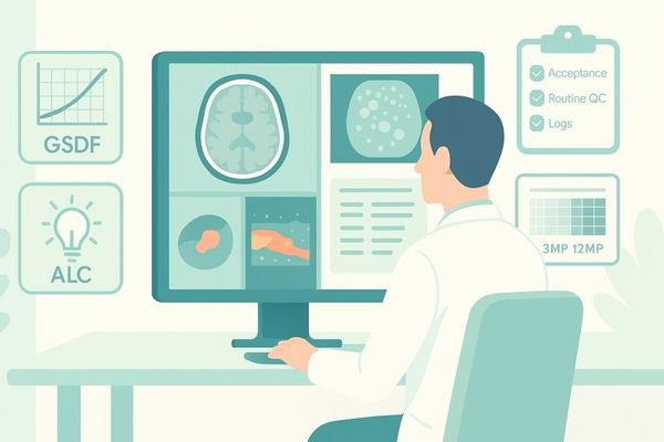 Radiologist reviewing CT and diagnostic images on a DICOM-compliant display with GSDF, ALC, and QA workflow icons in a bright reading room