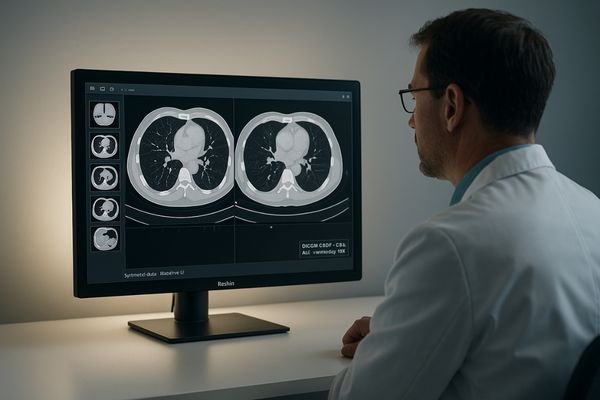 A radiologist evaluating a CT scan on a DICOM-compliant display in a controlled reading room environment.