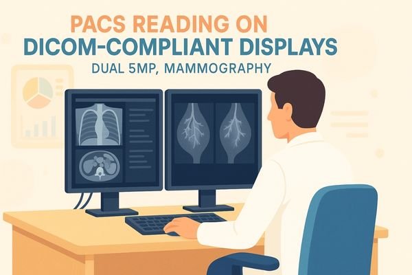Radiologist reading PACS and mammography images on dual 5MP DICOM-compliant displays in a bright clinical office