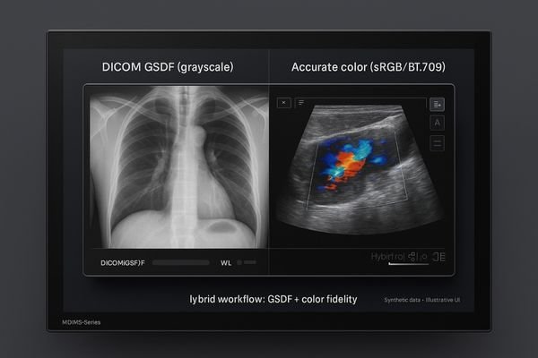 A split-screen diagnostic monitor showing a DICOM-calibrated X-ray and a color-accurate ultrasound image.