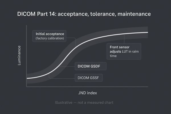 A graphic showing a DICOM GSDF curve with acceptable tolerance bands around it, representing ongoing compliance.