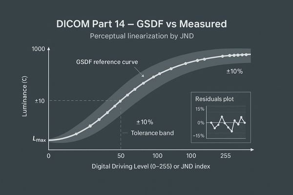 A graph showing the DICOM Part 14 Grayscale Standard Display Function (GSDF) curve.