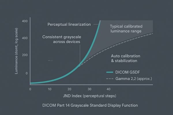 A graph showing the DICOM GSDF curve, illustrating the standardized relationship between pixel values and luminance.