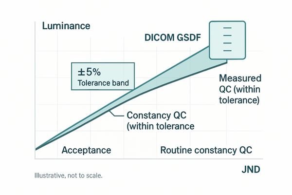 An infographic showing a DICOM GSDF curve with perceptually linear Just Noticeable Difference (JND) steps.