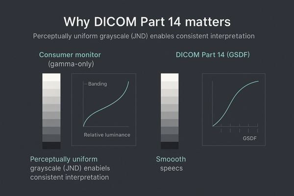 An illustration comparing a distorted grayscale ramp on a consumer monitor to the perceptually linear ramp on a DICOM Part 14 display.