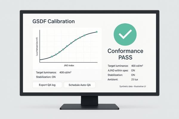 A monitor screen displaying a successful DICOM grayscale calibration report with a green checkmark.