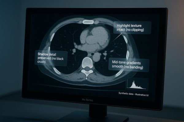 A close-up of a medical image showing clear detail in both dark and bright areas on a DICOM monitor.