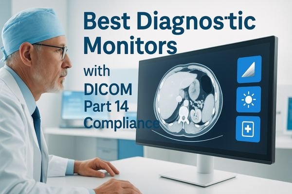 Radiologist reviewing medical scans on dual diagnostic monitors with DICOM Part 14 compliance, showing stable grayscale, luminance uniformity, and AR glass for accurate diagnosis.