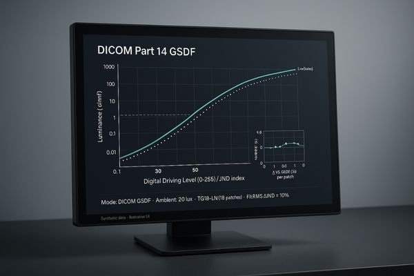A graph showing the DICOM Part 14 GSDF curve on a medical display.