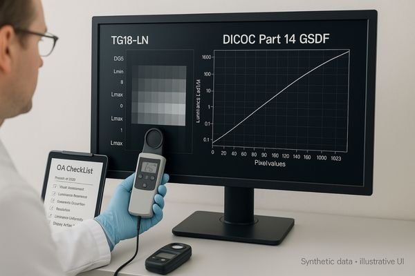 Physicist verifying DICOM Part 14 GSDF on a diagnostic monitor using a photometer; TG18-LN grayscale patches and GSDF curve shown