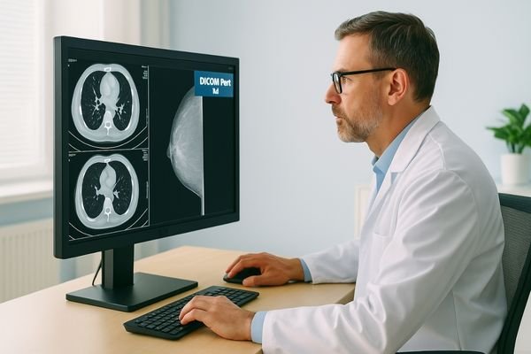 Radiologist reviewing CT and mammography images on a DICOM Part 14–calibrated PACS monitor in a controlled reading room