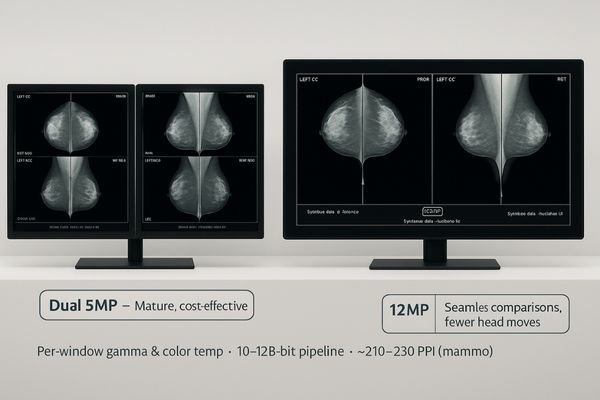 An image comparing a dual 5MP monitor setup side-by-side with a single, large 12MP fusion display showing the same medical images.