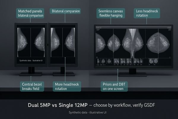 An image comparing a dual 5MP monitor setup with a single 12MP monitor for mammography reading.